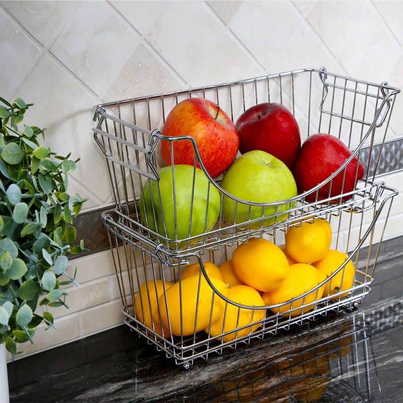 Smart Design Stacking Baskets Organizer w/ Handle - Medium - Steel - for Food, Fruit, & Vegetable Safe - Kitchen (12.63 x 5.5 Inch) [Chrome] (2 Pack) - Image 2